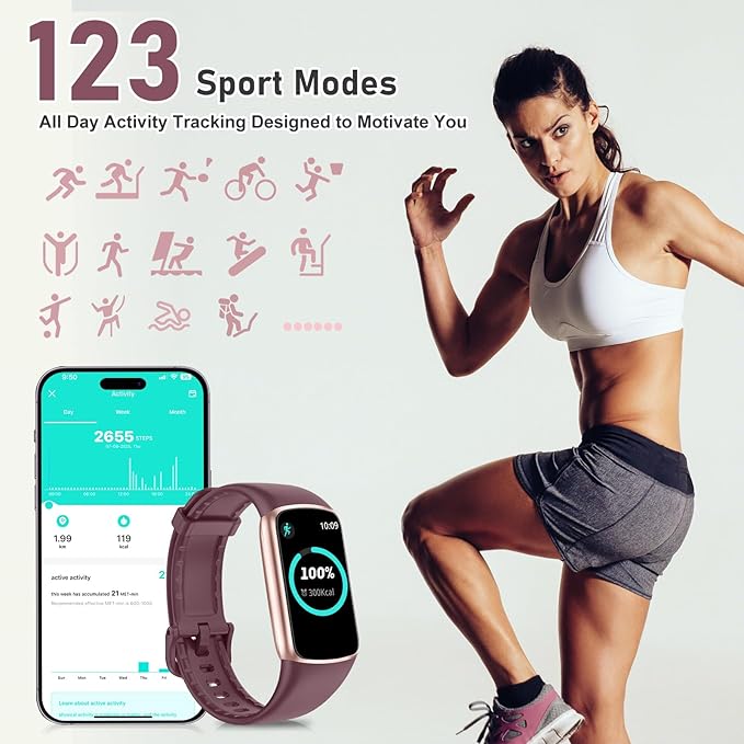 Fitness Tracker with 24/7 Heart Rate, Blood Pressure Blood Oxygen Sleep Monitor, 123 Sports Modes Calories Smart Watch,IP68 Waterproof Step Counter Activity Trackers Pedometer for Women Men