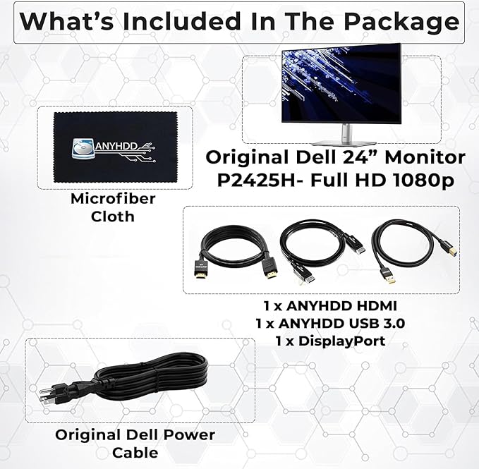 ANYHDD Dell P2425H Computer Monitor Screen 24" 16:9 IPS Display with Stand - 1 Year Warranty, 100Hz Full HD, 1920 x 1080 with Power Cable, DisplayPort, HDMI, USB 3.0 Upstream Cable & Cloth - New