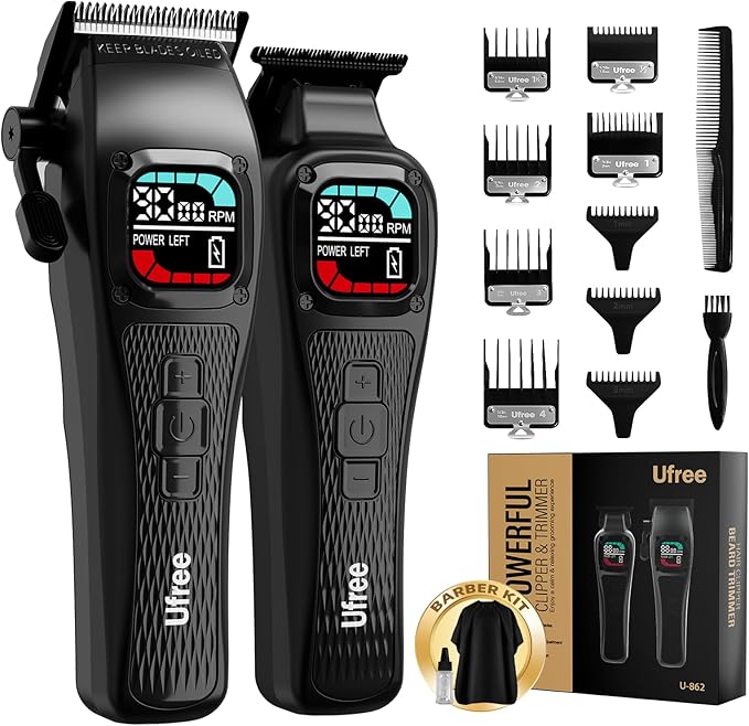 Ufree Professional Hair Clippers for Men, Barber-Grade Cordless Clipper & Trimmer Set with LCD Display & Long Lasting Power, Hair Cutting Tools for Home Haircuts, Fading, Beard Trimming