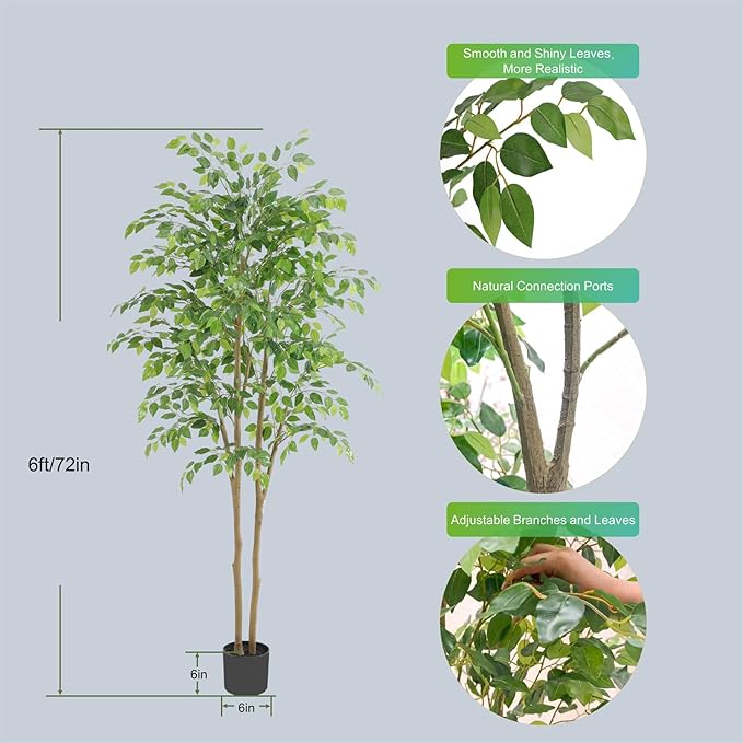 Tall UV Resistant Ficus Tree Artificial，6ft(72in) Faux Ficus Tree with Realistic Smooth and Shiny Leaves， Fake Trees Indoor Outdoor for Home Office Living Room Bedroom Foyer Porch Decor.