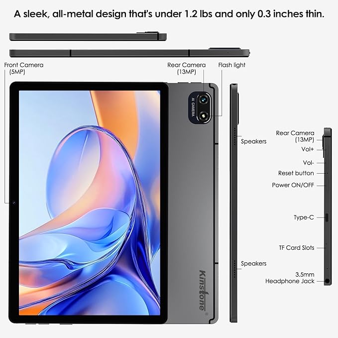 kinstone 10.1" 4G LTE Android Tablet with 8GB RAM & 128GB Storage (1TB Expandable) - Octa-Core Chip, 8000mAh Battery, Dual SIM Slots, Metal Body - Best Amazon Tablet for Work & Play