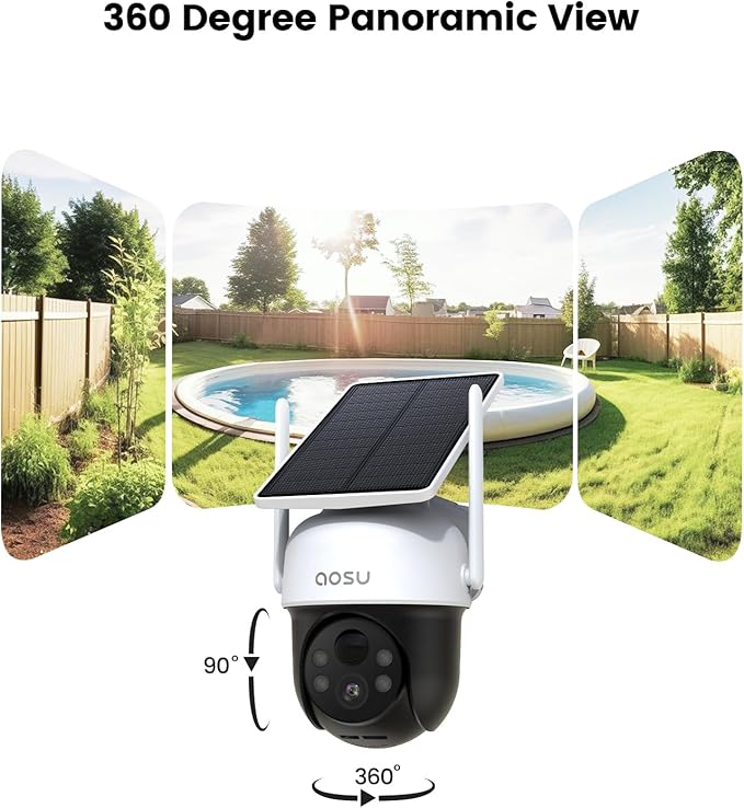 aosu Solar Camera Outdoor Wireless - 100% Wire-Free Outdoor Security Camera Wireless with Fixed Solar Panel,360° Panoramic View, Human Auto Tracking, 2K Color Night Vision