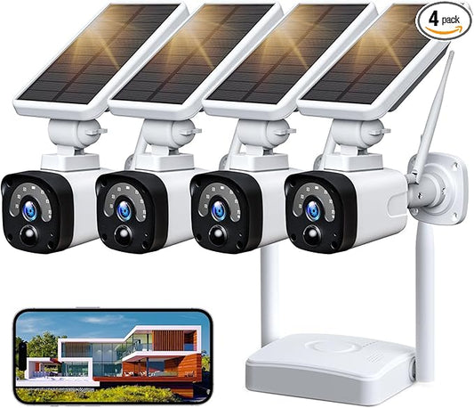 Solar Security Cameras Wireless Outdoor,Home Security Camera System with Motion detection,2.4G WiFi Outdoor Camera Wireless,Solar-Powered 4MP 4 Cam-Kit,2K Night Vision,2-Way Audio,No Subscription,IP66