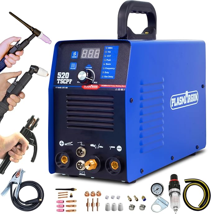 Plasma Cutter TIG Welder With PULSE Stick Welder Machine 520TSCPF Plasma Cutter Welder Combo 200A TIG/ARC Welding 50A Air Plasma Cutting Dual Voltage 110/220V 1/2" Clean Cut Upgrade Digital Panel