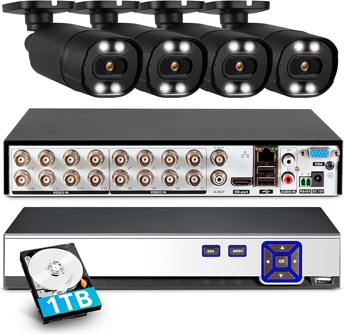 TOWODE 16 Channel Security Recorder DVR System H.265+ Surveillance DVR Recorder with 4pcs 5MP Surveillance Camera 24/7 Recording,Mobile APP & PC Remote Pre-Installed 1TB Hard Drive