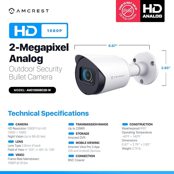 Amcrest Full HD 1080P Bullet Outdoor Security Camera (Quadbrid 4-in1 HD-CVI/TVI/AHD/Analog), 2-Megapixel, 98ft Night Vision, 2.8mm Lens 129° Viewing Angle, White (AMC1080BC28-W)