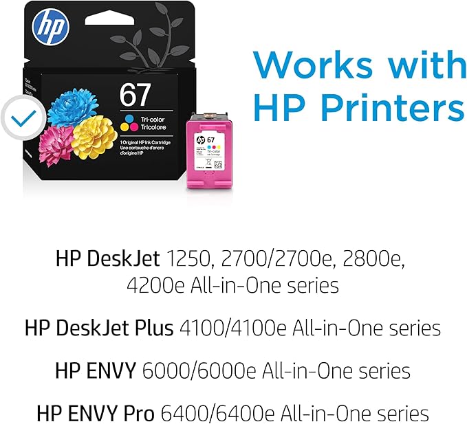 HP 67 Tri-Color Ink Cartridge | Works with DeskJet 1255, 2700, 4100 Series; Envy 6000, 6400 Series | Eligible for Instant Ink | 3YM55AN | Packaging May Vary