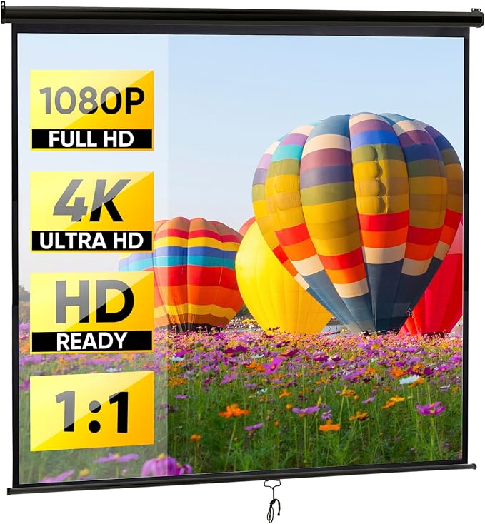 Smartxchoices 120" HD Manual Projector Screen 1:1 Format with Auto Lock Anti-Crease Home Theater Office Wall Mounted Ceiling Pull Down Projection 1.1 Gain Matte Black,View Size: 84 x 84 inches