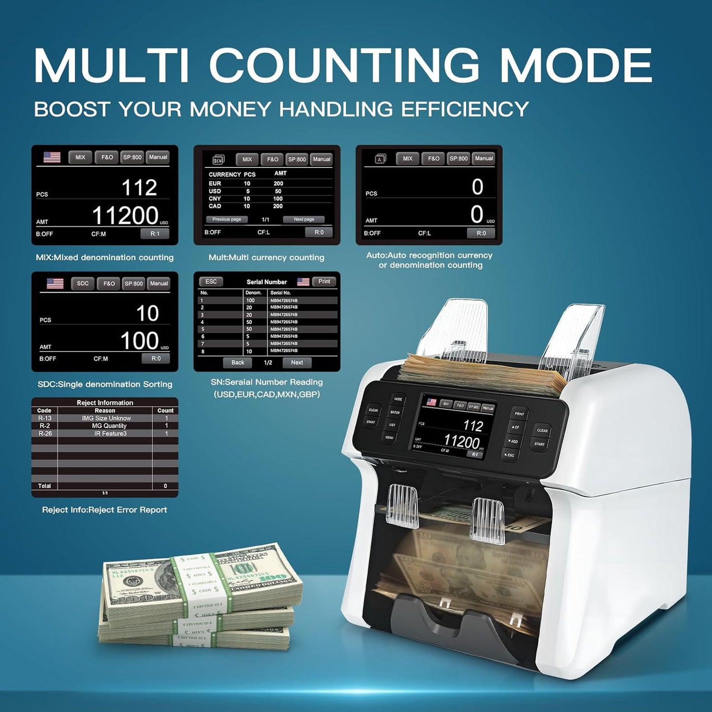 NUCOUN VS-75 Bill Counter Machine Mixed Denomination,Money Counter Machine with Reject Pocket,Counterfeit Detection 2 CIS/UV/MG/IR,Multi Currency Bill Sorter,Value Count,Serial Number Read,Print&Sort