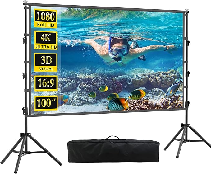 100 inch Projector Screen with Stand,HUANYINGBJB Indoor Projection Screen, Portable 16:9 4K HD Rear Front Movie Screen with Carry Bag for Theater Backyard Movie Night,Cinema School, Churches