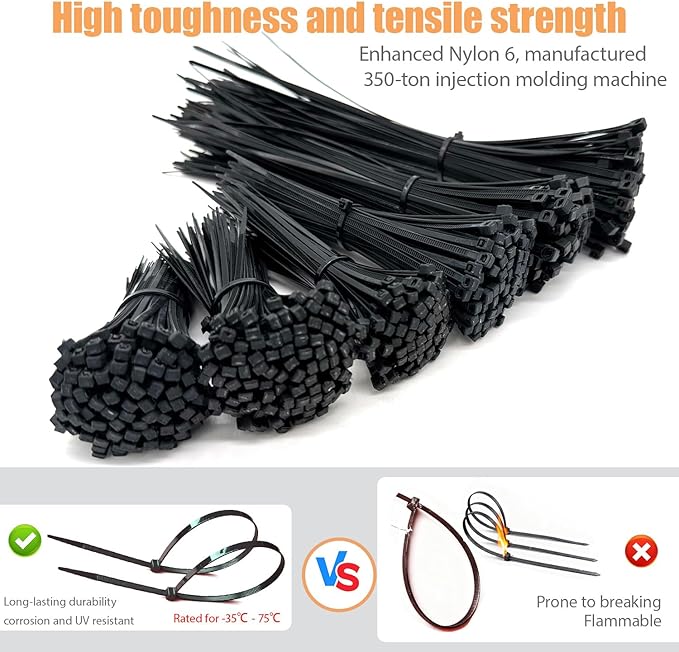 700 Pcs Cable Ties,6 Size 3.2/4/4.7/6/8/10 Inch Black Nylon Electrical Zip Ties,Zipties Assorted Sizes for Home Office,Gardening,Electronics,Cable Management