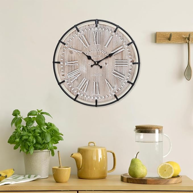 12 Inch Farmhouse Wall Clock Rustic Antique Wood with Metal Circle and Large Engraved Numerals, Silent Battery Operated Wall Clock for Office Kitchen Bedroom Living Room