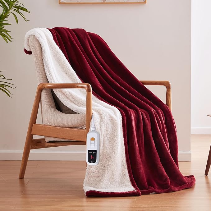 Sealy Electric Blanket Throw Size 50"*60",Super Cozy Flannel to Sherpa Reversible Heated Blanket Throw with 6 Heating Levels & 2-10 Hours Auto Off Overheating Protection Machine Washable,Red