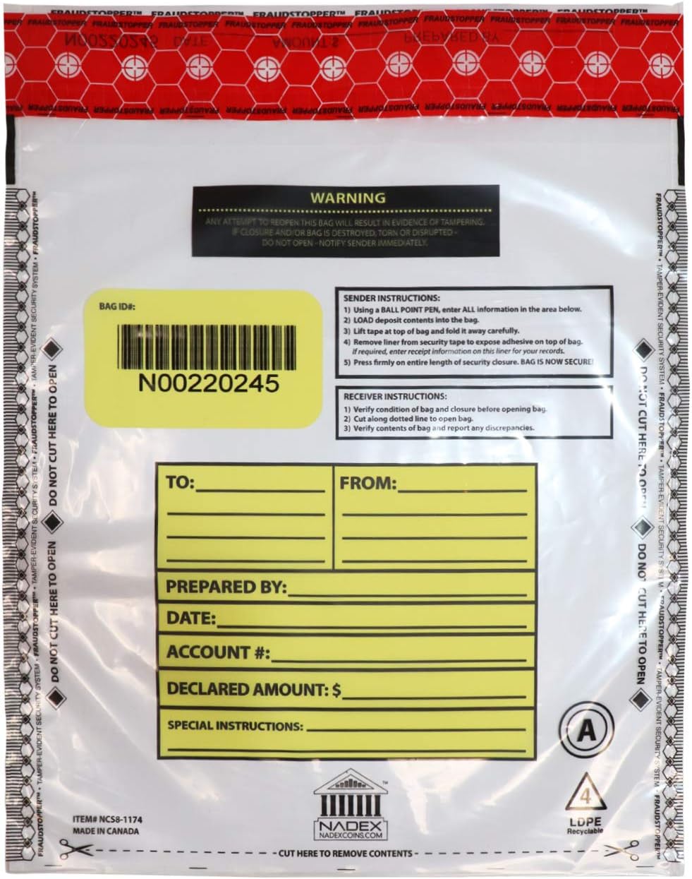 Nadex 9 x 12 Inch Tamper Evident Bank Deposit Bags with FRAUDSTOPPER Level 4 Security, 1000 Pack (Clear)