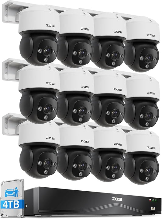 ZOSI C290 4K 16CH POE Security Camera System for 24/7 Recording, 12 x 8MP Wired PoE IP Cameras Outdoor, 360 View, AI Human/Vehicle/Face Detection, Two-Way Talk, Siren Alarm, Auto Tracking, 4TB HDD