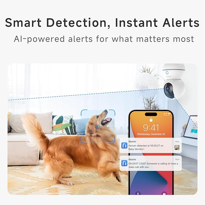Noorio Security Camera Indoor, 4MP UHD Pet/Dog Camera 360-Degree for Home Security, One-Touch Call, Auto Motion Tracking, Night Vision, 2.4G Only