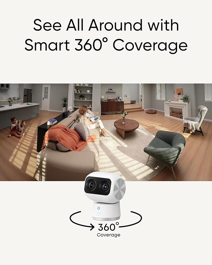 eufy Security Indoor Cam S350, Dual Cameras, 4K UHD Security Camera with 8× Zoom, 360° Camera, Baby Monitor, Pet Camera, Human/Pet Detection, AI Tracking, 2.4G/5G Wi-Fi, Plug in