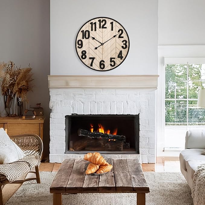 24 Inch Large Wall Clock for Living Room Decor, Rustic Wooden Farmhouse Wall Clock with Black Metal Frame, Battery Operated Non-Ticking Silent Wall Clocks for Home Decor (Brown)