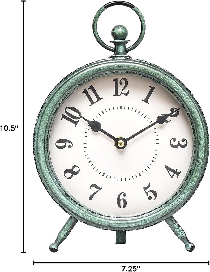 Vintage Rustic Green Table Clock on Stand, Decorative Desk and Shelf Clock，Decorative Battery Operated Table Top Clock for Living Room，Silent Non-Ticking