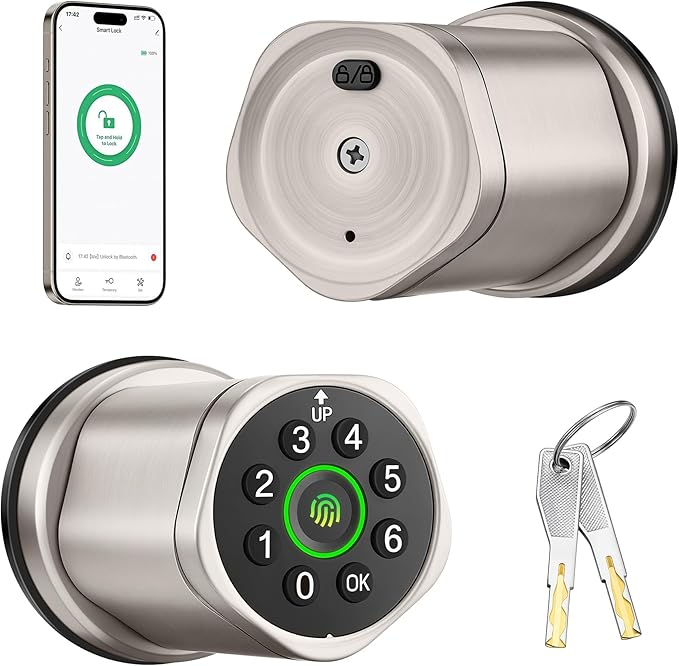 Leydebong 4-in-1 Smart Door Lock with Fingerprint and Keypad - Keyless Entry Electronic Lock with App and Mechanical Key - Easy Installation Smart Door Knob in Satin Nickel