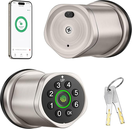 Leydebong 4-in-1 Smart Door Lock with Fingerprint and Keypad - Keyless Entry Electronic Lock with App and Mechanical Key - Easy Installation Smart Door Knob in Satin Nickel