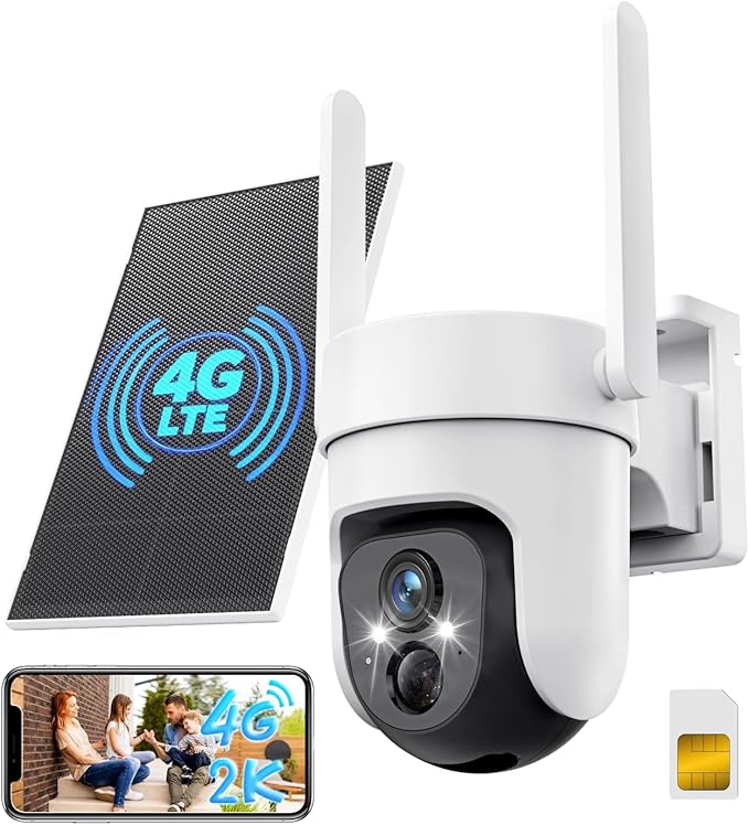 GNCC 4G LTE Cellular Solar Security Camera Wireless Outdoor, No WiFi Security Camera, 2K 360° PTZ, AI Human Detection, Color Night Vision, 2-Way Talk, IP65 Waterproof, Built in SIM Card