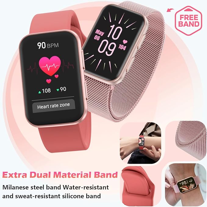 MorePro Health Fitness Tracker with Blood oxy-gen Monitor and 24/7 Heart Rate and Blood Pressure, Sleep Monitor, 120+ Sport Modes Waterproof Fitness Watch for Women Men Android iOS, Active Pink