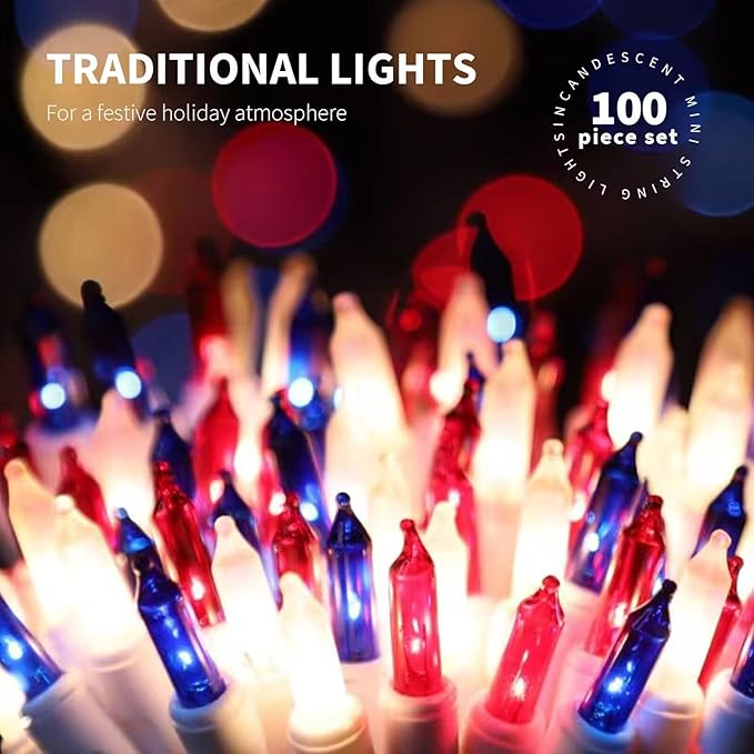 100LIGHTS RED White and Blue Extra-Bright with End Connectors 4th July Decoration Patriotic Mini String Lights 5.98m UL Certified Waterproof for Home Garden Holiday Tree Party Patio