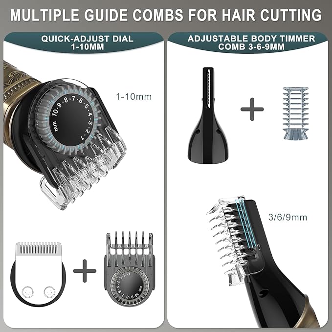 Hatteker Beard Trimmer Kit Professional Hair Clipper Zero Gapped T-Blade Electric Razor Shaver for Nose Ear Body Face Mustache Trimmer for Men Cordless Grooming Kit 8 in 1