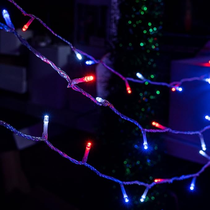 Dazzle Bright 4th of July String Lights, 300 LED 100 FT Connectable Waterproof Patriotic String Lights with 8 Modes, Independence Day Decorations for Indoor Outdoor Party Decor, Red White and Blue