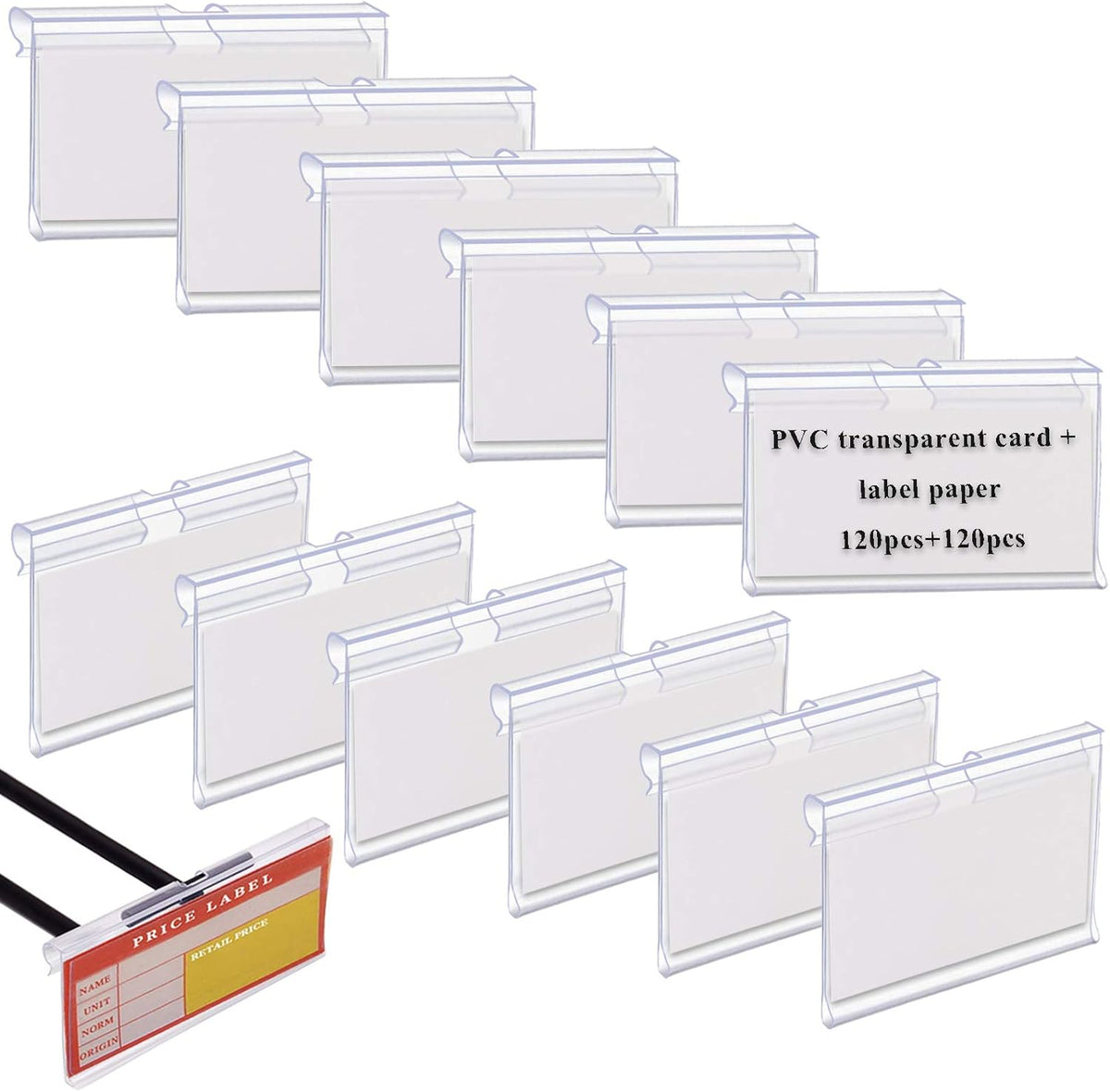 120PCS Clear Plastic Label Holders Clear Plastic Bin Clip Labels for Baskets Wire Shelf Price Card Tag, Aulufft Transparent Label Holder with 120pcs Paper Labels for Storage Bins (2.36 x 1.65 inches)