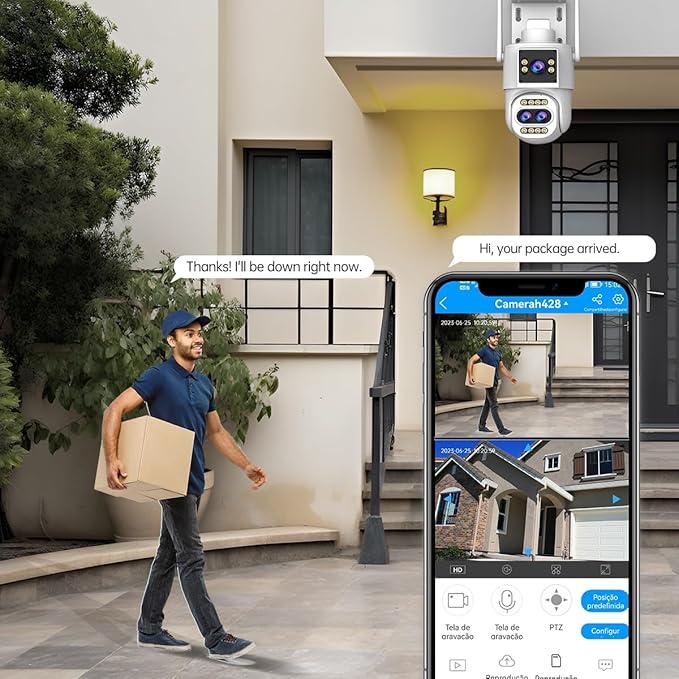 JOOAN Outdoor Security Camera 2Kx3 3Lens 2 Screen【10X Optical Zoom & Auto Tracking】 Home Surveillance IP Cam 360°PTZ 2.4G WiFi Wired IP66 Waterproof Motion Alert,8-256G Card/Cloud Storage,Siren Alarm