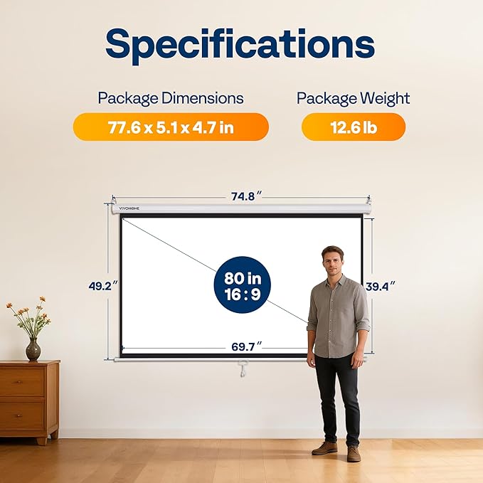 VIVOHOME 80 Inch 16:9 Pull Down Projector Screen, HD 4K Retractable Movie Screen for Indoor Home Theater and Office, Manual Projection Screen with Auto Locking (70Wx40H Inch Display Area)