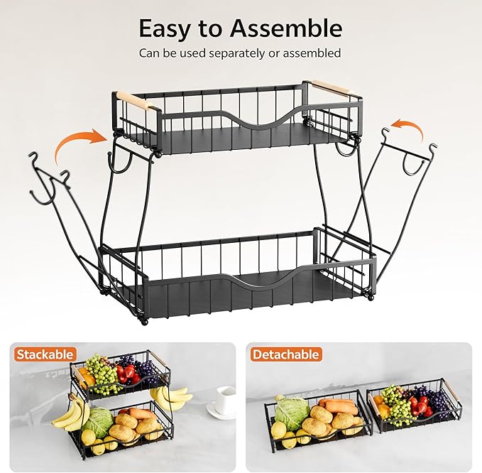 2 Tier Fruit Basket with 2 Banana Hangers, Fruit Bowl for Kitchen Countertop with 2 Wooden Handle, Detachable Metal Fruit Holder for Vegetable Bread with 2 Protective Pads, Black