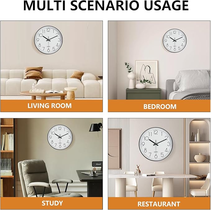 Wall Clock, Silent Wall Clocks Battery Operated 10 Inch Modern Non Ticking Analog Clock with Large Numerals Tempered Glass Clocks for Bedroom, Living Room, Kitchen, Office Decor, White Black