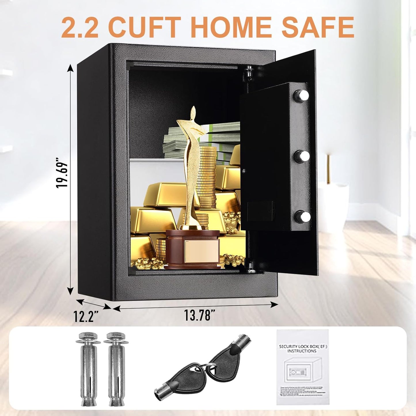 Tenamic Safe Box 2.2 Cuft Fireproof Waterproof Home Safe, Keypad Large Lock Box Cabinet Safes, Solid Alloy Steel Office Hotel Home Safe, Black