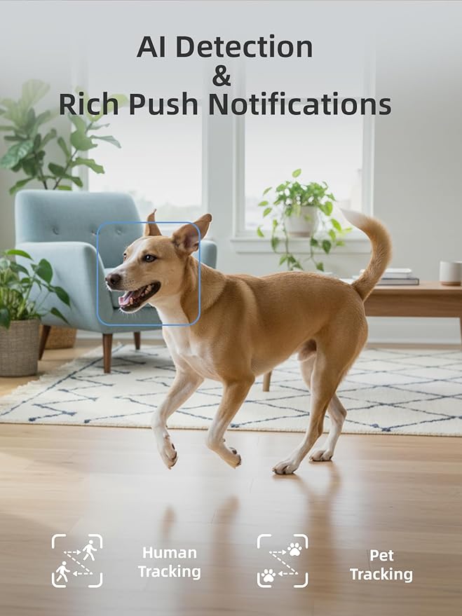 virtavo Indoor Security Camera, Dual-Lens 360° PTZ WiFi Baby Pet Monitor for Home, Motion Tracking, 2-Way Audio, Night Vision, No Subscription, WiFi6 2.4GHz/5GHz, SD & Cloud Storage, Works with Alexa