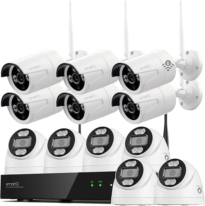 xmartO 16CH 12 Pcs Home Security Camera Kit, 6 * 2K HD Dome Camera and 6 * 2K 3MP Super HD WiFi Home Security Camera, 2-Way Audio, Night Vision, 24/7 Surveillance Camera, No Monthly Fee