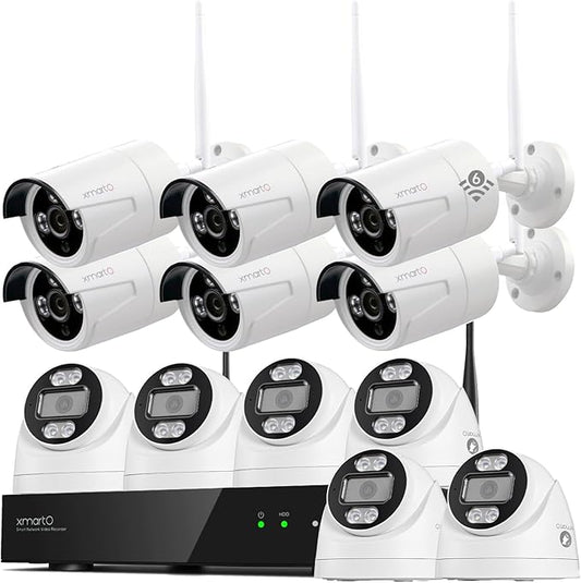 xmartO 16CH 12 Pcs Home Security Camera Kit, 6 * 2K HD Dome Camera and 6 * 2K 3MP Super HD WiFi Home Security Camera, 2-Way Audio, Night Vision, 24/7 Surveillance Camera, No Monthly Fee