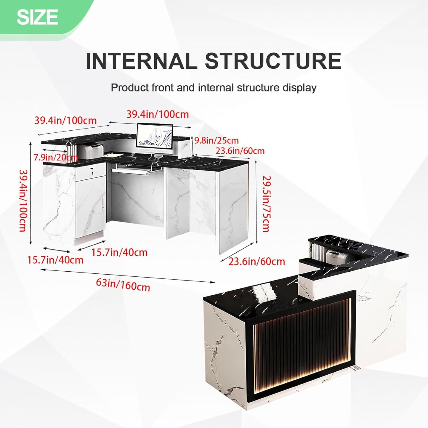 Modern Reception Desk with Counter and Drawer Office Front Desk with Cabinet Wooden Commercial Reception Table Checkout Counter for Retail Salon Lobby White and Black Right 63inch/160cm