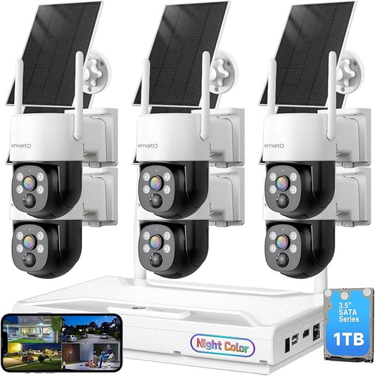 xmartO [Night Color 2K HD Wireless Solar Security Camera System with Starlight Color Night Vision, PTZ Control, Long Range WiFi6, Easy Mobile View, HDMI View on Monitor/TV, 0 Monthly Fee, 1TB HDD