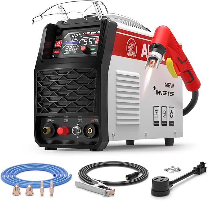 ANDELI Plasma Cutter 55A,Non-HF Non-Touch Pilot Arcï¼1'' Max Cut, 4-In-1 Plate Cutting/Grid Cutting/Gouging/Markingï¼Upgraded LED Display,Post Flow/2T/4T,110/220V IGBT Inverter for home, workshop