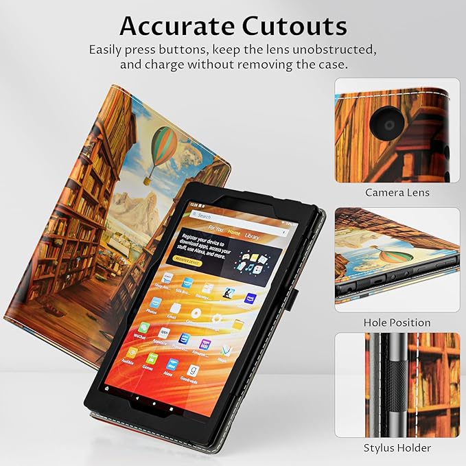 VORI Case for All-New Amazon Kindle Fire HD 10 Tablet (13th/11th Generation 2023/2021 Release) and Fire HD 10 Plus - Slim Folding Stand Folio Cover with Auto Wake/Sleep & Hand Strap, Library