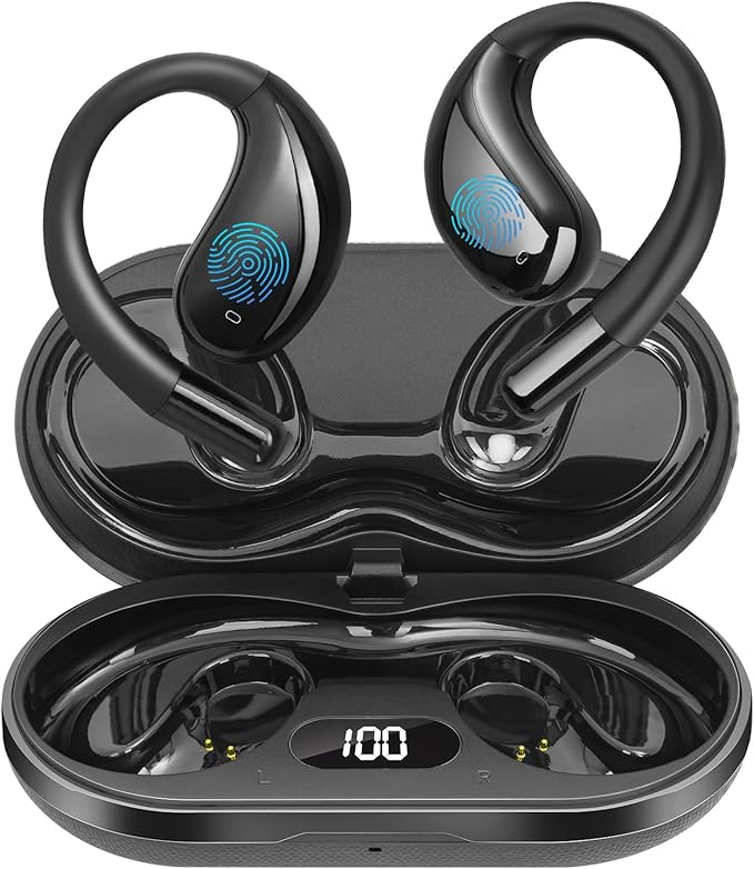 Open Ear Clip Wireless Earbuds Bone Conduction Headphones, Bluetooth 5.4,Open Ear Design,Built-in Mic, IPX5 Waterproof,LED Display Charging Case,Ear Hooks Ear Buds Design for Running Fitness ,Black