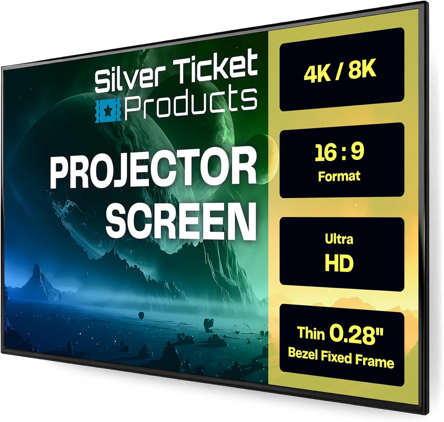 Silver Ticket Products S7 Series 6 Piece Thin Bezel Home Theater Fixed Frame 4K/8K Ultra HD, HDTV, HDR & Active 3D Projection Screen, 16:9 Format, 150" Diagonal, Grey Material S7-169150-G