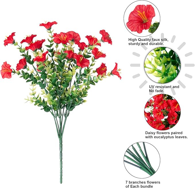 Artificial Flowers for Outdoors Fake Plants Outside Decoration, 12 Bundles Silk Red Morning Glory UV Resistant Look Real Faux Flowers for Planter Front Door Porch Patio Yard Gardens Balcony