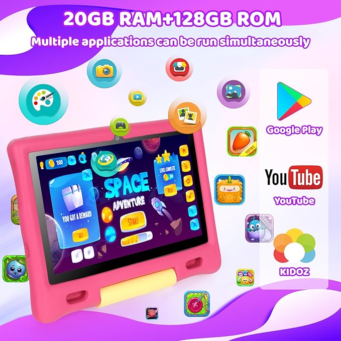 Gleeso Kids Tablet, Android 15 Tablet for Kids 10 inch Octa-Core with Case, 128GB 1TB TF Card Expandable for Toddler Children, Parental Control, Dual Camera, WiFi,Gift（Pink）