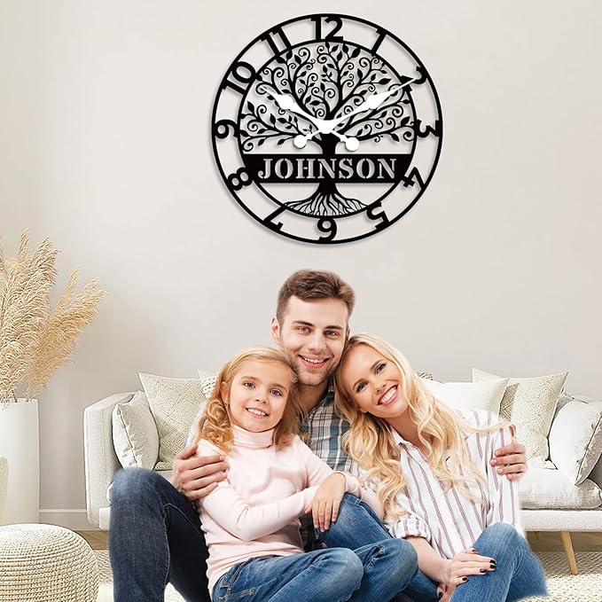 Personalized Metal Wall Clock with Tree of Life Design, Custom Family Name Clock, Decorative Steel Wall Art, Housewarming Gift, Living Room Bedroom Kitchen Home Decor