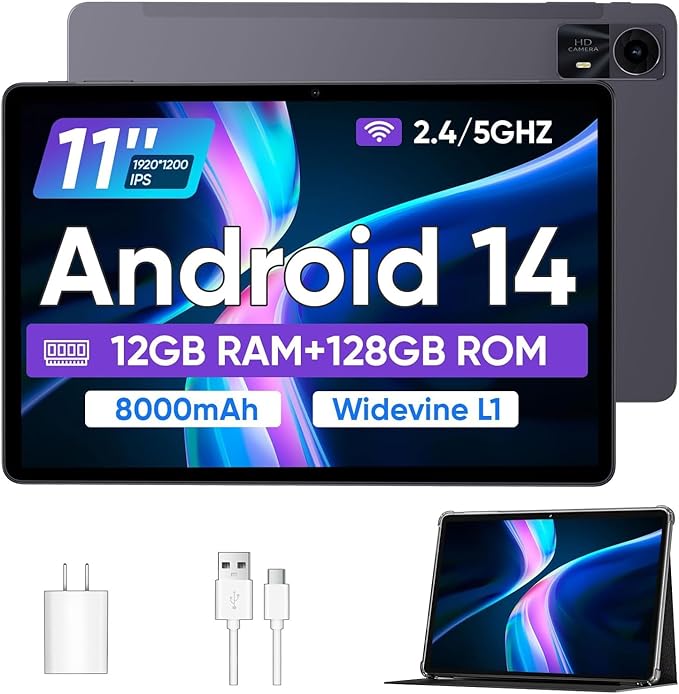 Android 14 Tablet with Case, Tablets 11 inch, Octa-core CPU,12GB+128GB+1TB Expandable,8000mAh Large Battery with 18W PD Fast Charge/Dual Band WiFi6/BT 5.0/GPS/FM Radio
