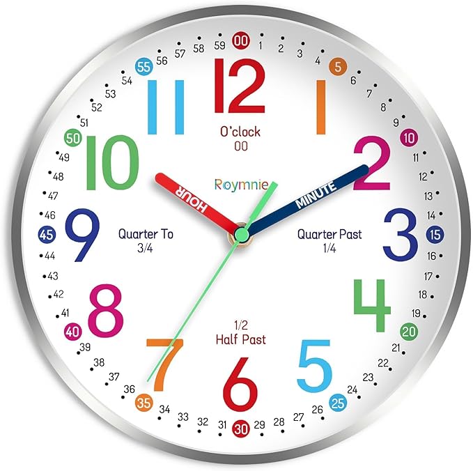 Wall Clock for Kids Learning to Tell Time Easily Non Ticking Battery Operated Kids Teaching Clock Silent Colorful Teaching Time Clock Decorative for Kids Room Classroom School (12 Inch)